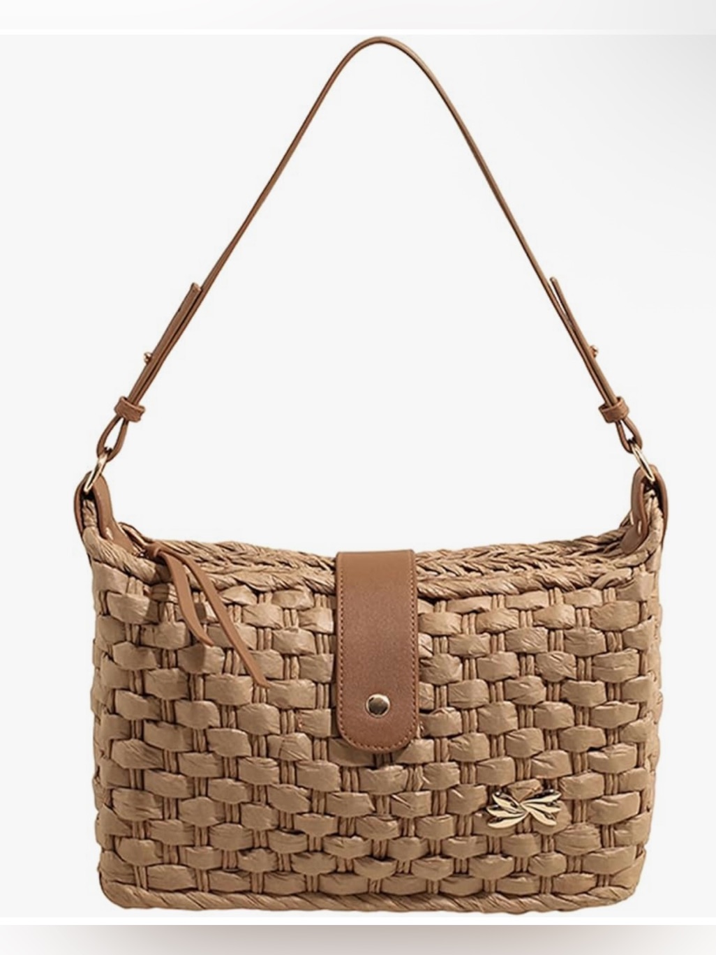 Woven Tan Shoulder Bag With Front Snap Strap